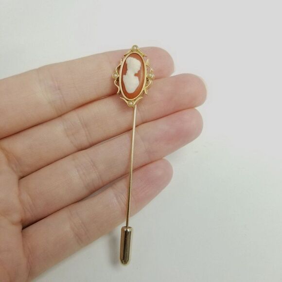 Vintage Avon Cameo Stick Pin Brooch, Gold Tone Faux Pearl Lady Portrait Estate - Picture 3 of 6